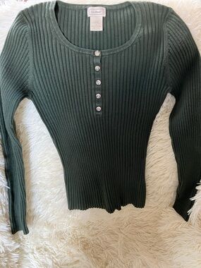 L.L. Bean Women's Ribbed Henley Top - Forest Green